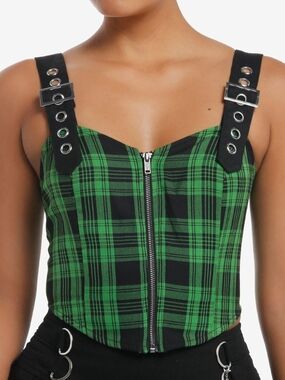 Hot Topic Green & Black Plaid Zip-Front Corset Tank
